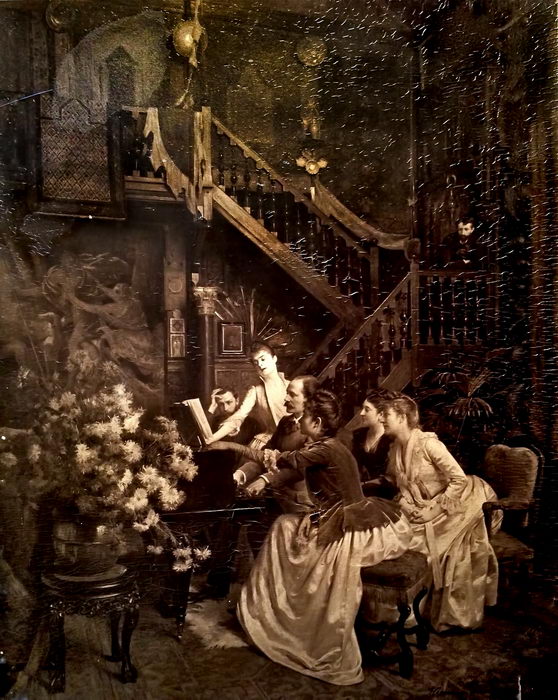 Massenet faisant travailler le rôle de Manon à Sybil Sanderson (1887) derrière sa mère et sa sœur. Peinture d’ Aublet